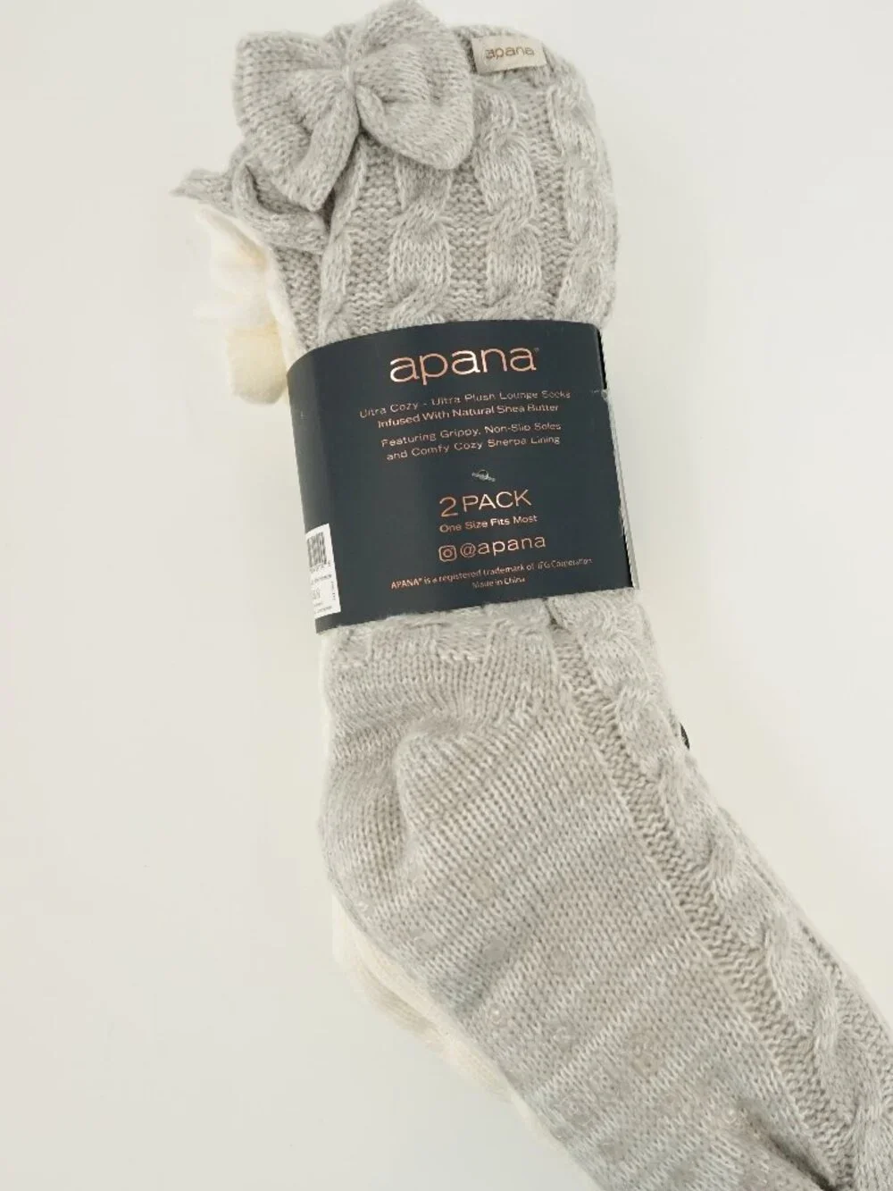 Apana Moisturizing Socks Shea Butter 2 Pack Lounge Socks With Bows OS